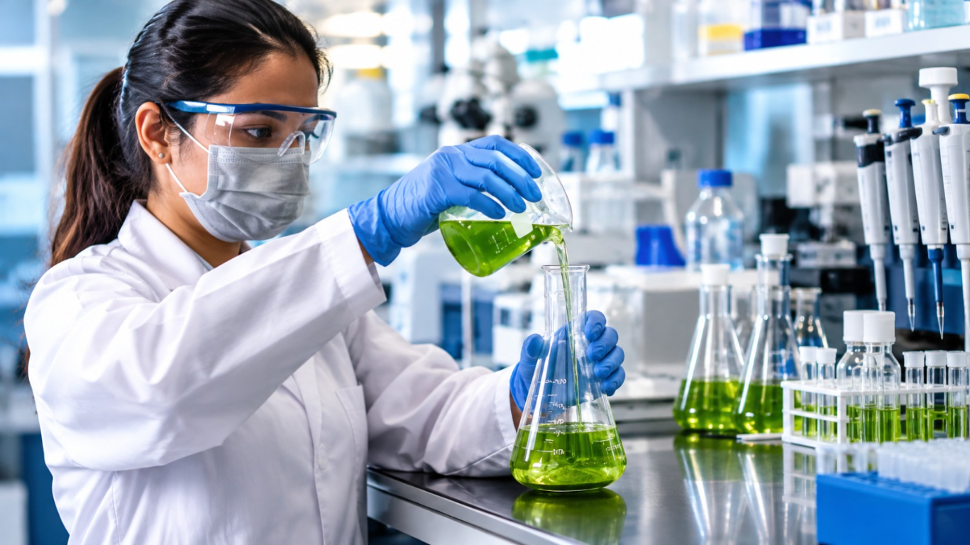 Researcher working with green algal cultures in a laboratory