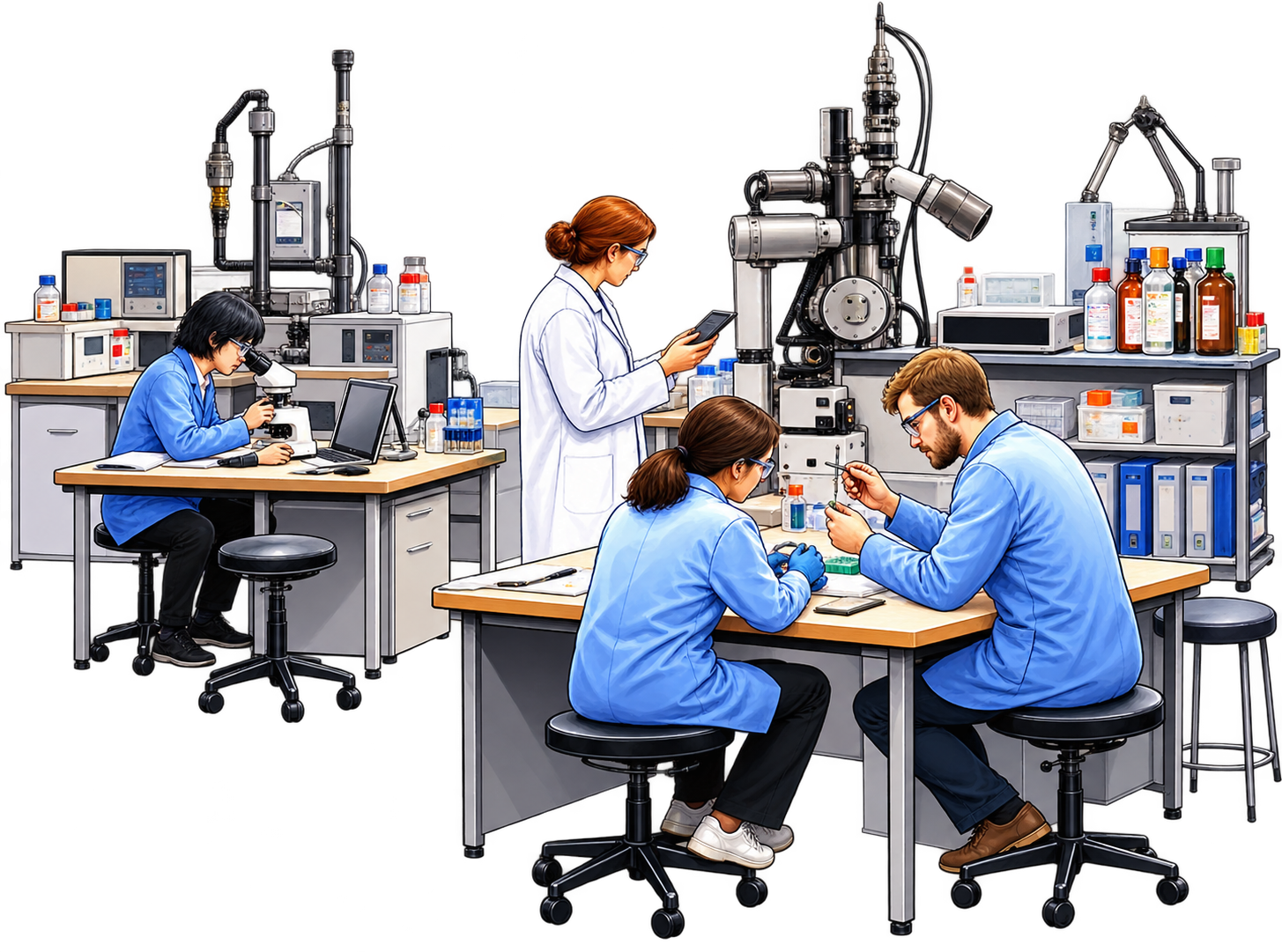 Biotechnology students and researchers working in a laboratory